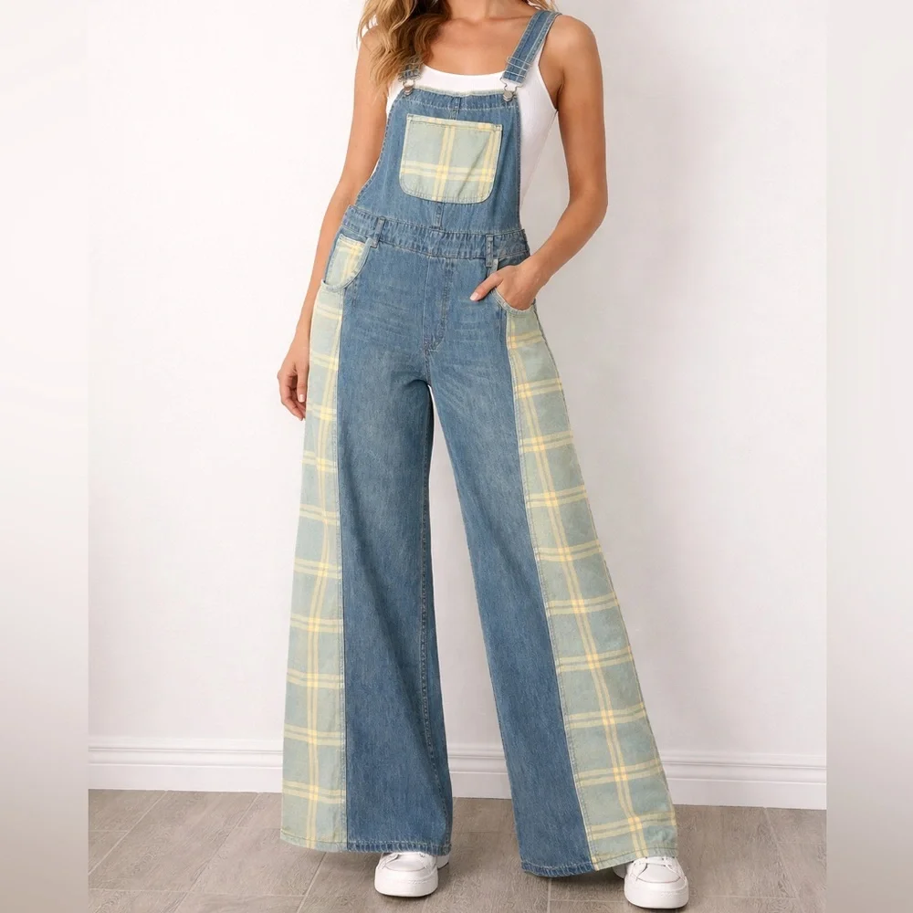 Aaron & Amber Bib Overalls Women’s Medium Blue Flare Plaid Denim Wide Leg